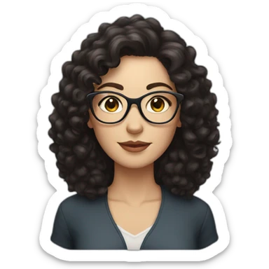 White Woman with dark curly hair and glasses with cat sticker