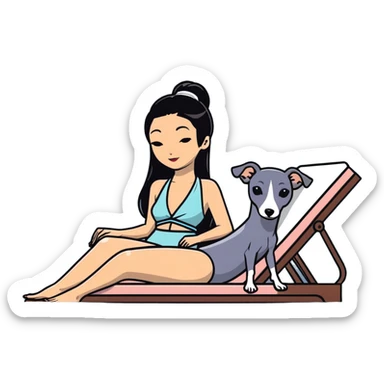 Very thin and slim Chinese woman with long black hair in elegant pool attire relaxing on a comfortable spa lounger at a luxury spa pool with her Italian greyhound that is COMPLETELY solid dark grey with ABSOLUTELY ZERO white markings anywhere - 100% uniform dark grey color only - also relaxing on a lounger sticker