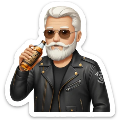 Un motero de barba blanca, chupa de cuero y bebiendo de una botella de Jack Daniel's. sticker