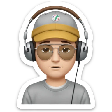 emojis.com dj-man-white-with-baseball-cap---rayban-sun-glasses-80s---brown-hair---closed-eyes-with-headphones-on-with-musical-note-over-head-(listening-to-music-)---eyes-closed-no-glasses---black-hat--musical-notes EYS c losed  grey sweatshirt sticker