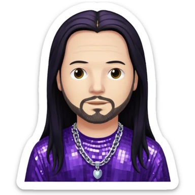 Jonathan Davis with long black hair, purple sequin shirt sticker