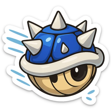 Create a blue shell power-up in the dynamic and playful style of Mario Kart 8 Deluxe, with no background. The image should capture the iconic look and energy of the game item, suitable for use as a game asset or emoji. sticker