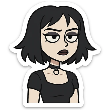 goth girl, pale skin, black hair, dark makeup, choker, moody expression, modern cartoon style sticker