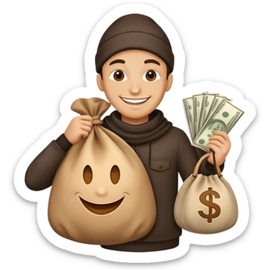 happy thief with a money bag and a big smile sticker