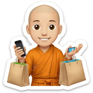 monk shopping, with bags of stuff he bought, smiling, with his iphone in another hand sticker
