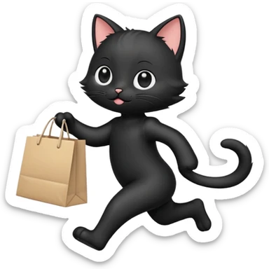A cute chibi-style black cat emoji in side view like 🏃, running on two legs while holding a shopping bag. Short limbs, small body proportions (SD character style), round head, big expressive eyes, minimalist emoji design, soft colors, vector look. sticker
