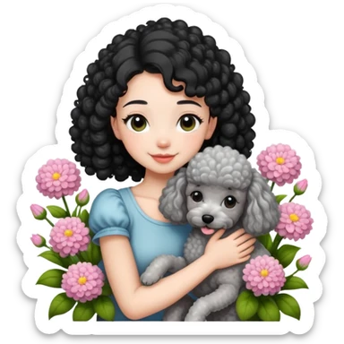 A beautiful girl with black ponytail and short sleeves happily hugs a gray curly poodle in the flowers sticker