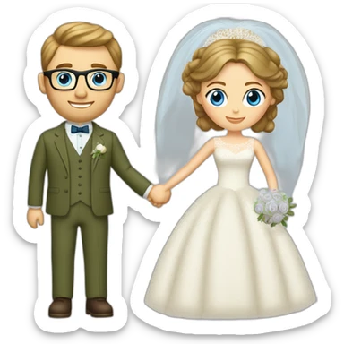 Wedding couple. Bride has brown hair pinned up. She wears lace dress. She has blue eyes. Groom has olive green suit and brown vest. He has blond hair. He wears glasses. He has blue eyes too. sticker