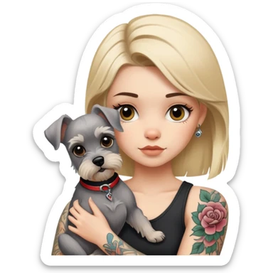 The blond girl with tattoos is holding a Schnauzer sticker