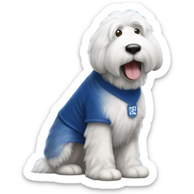 Old English Sheepdog full height wearing a dodgers shirt sticker