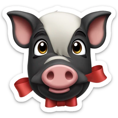 Black pig with a long snout and a bow sticker