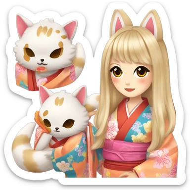 hime gyaru girl, kimono, kitsune mask sticker