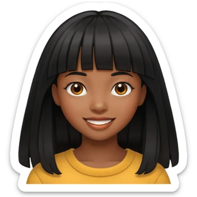 black girl with long black hair with bangs, happy sticker