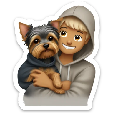 a cute Yorkie terrier boy, snuggling with his owner and the dog is in a hoodie ￼ sticker