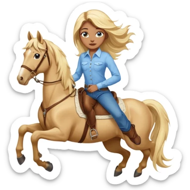 Brown girl with blue eyes and very, very long blonde/gold hair that’s blowing in the wind wearing a cream colored collared long sleeve shirt and jeans with brown boots on top of a brown horse, don’t show it’s legs  sticker