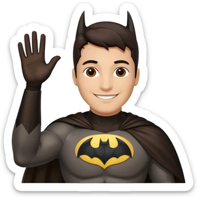 Make a man with brown eyes and dark hair in a Batman costume waving "hello" sticker