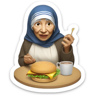 mother theresa eating hamburger sticker