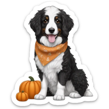 mostly black and white aussie doodle with a pumpkin and fall bandana sticker