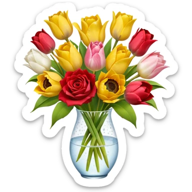 A mix bouquet of red, yellow and white roses, Sunflowers and white and pink Tulips sticker
