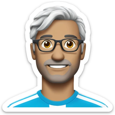 a man with medium long dark grey hair, glasses, an olympique de marseille shirt, skinny face but handsome sticker