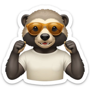 friendly anthropomorphised honey badger head and neck wearing sunglasses, top of t-shirt visible sticker