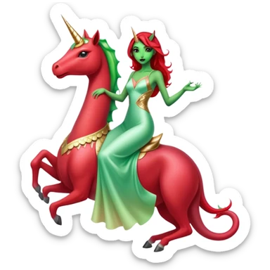 reptilian green alien woman, in long slim pastel red formal party satin dress with gradient shiny sparkling dark red, rides unicorn gold and white
 sticker