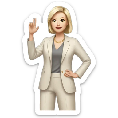 Full height Actively gesturing with hands pale skin woman with ash blonde Straightened bob Hair, White Spacious classical jacket, beige palazzo Arrow pants and gray blouse sticker