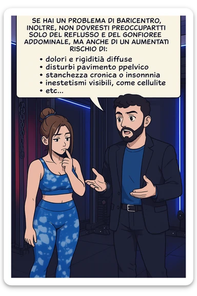 TRASFORMA QUESTO CAROSELLO IN UN FUMETTO STILE WEBTOON/MANGA A COLORI CON QUESTE DUE PERSONE IDENTICHE CHE INTERLOQUISCONO TRA LORO, L'uomo sta spiegando alla donna questo concetto MENTRE LA DONNA SI TIENE L'INDICE SUL MENTO ASCOLTANDOLO PENSIEROSA:

Se hai un problema di baricentro, inoltre, non dovresti preoccuparti solo del reflusso e del gonfiore addominale, ma anche di un aumentato rischio di:
    • dolori e rigidità diffuse
    • disturbi pavimento pelvico
    • stanchezza cronica o insonnia
    • inestetismi visibili, come celluluite
    • etc… sticker