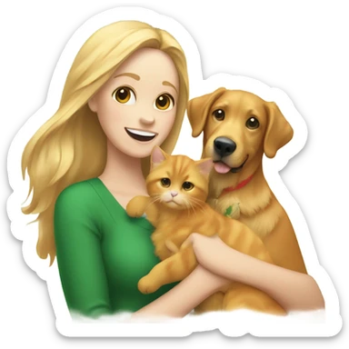 Women holding an orange cat and a golden retriever via a Christmas tree sticker