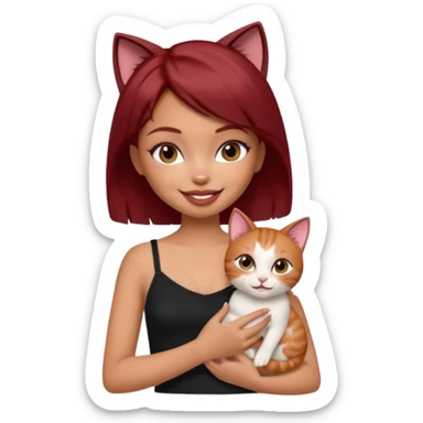 generate a pretty fair bratz girl with short dark red hair holding a cat smiling. Wearing a black cami sticker