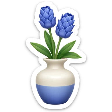 A small white vase holding a single blue hyacinth flower with green leaves. sticker