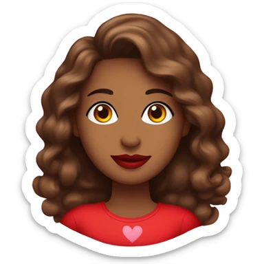 brown lady, medium brown long wavy hair, bright red lips, eyelashes, wearing red “happy Valentine’s Day” t shirt sticker