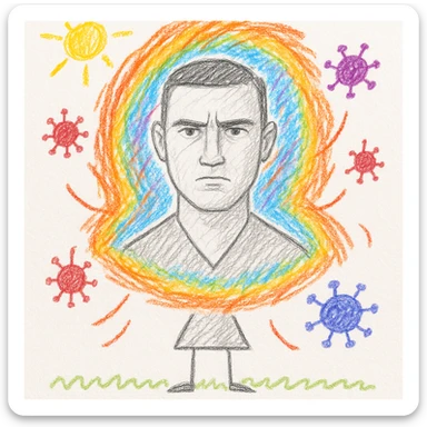 Vertical portrait of a man's face in a vibrant illustrated style with a serious expression. Small stylized parasites try to approach but are repelled by a protective aura around the face. Use vivid colors to emphasize the protective energy and the parasites. sticker