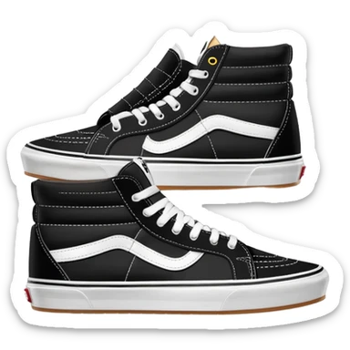 A pair of black Vans Sk8-Hi sneakers arranged with one shoe positioned behind the other, high-top skate shoes with white side stripe and waffle soles sticker