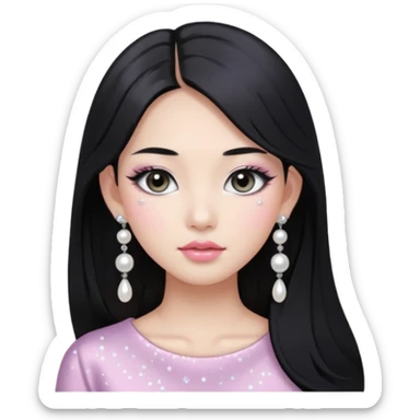 asian long black hair silver grey eyes glossy lips glittery white and light pink eyeshadow girl pearl earrings sticker