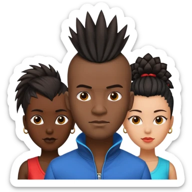 Black man with mohawk with two women one black one Chinese  sticker