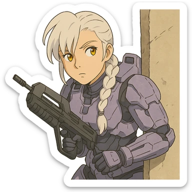 female, wearing reach spartan armor default, long white braid hair with massive messy front side single bangs, gold yellow eyes, attention pose, HALO:series, no helmet, the armor is lavender color scheme, shoulder pad off. DDD bust size fitting. Punk gothic cyberpunk, peeking around a corner wall with a classic halo1 ar sticker