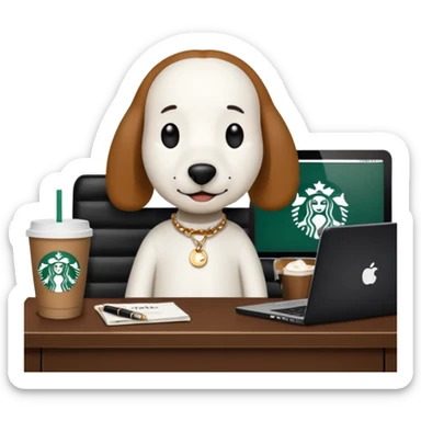 snoopy in a desk with starbucks and his chanel purse sticker