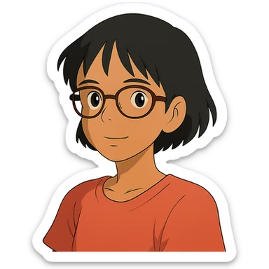 ghibli style Asian girl with tan skin, short black hair, and glasses sticker
