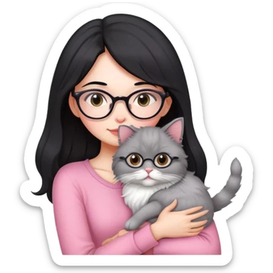 Beautiful skinny woman medium black hair with oval glasses in pink outfit hug persian-angora grey cat sticker