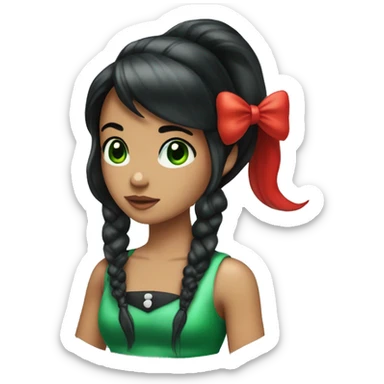 Mermaid with black hair in a ponytail with bangs swoop to the side, green eyes, red tail, white vest with green bows as buttons sticker