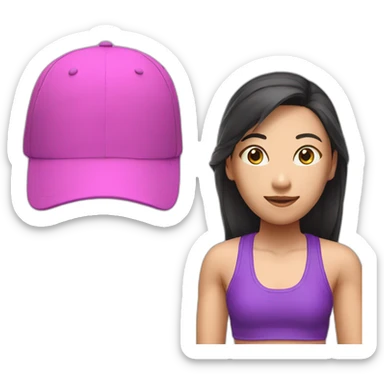 asian woman, green sports cap worn backwards, pink and purple singlet sticker