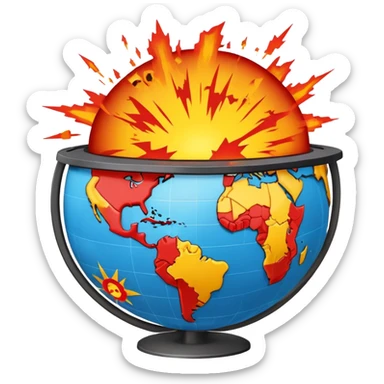globe with explosion symbols and warning signs representing global conflict sticker