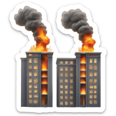 two identical buildings with one of the buildings on fire with smoke billowing out sticker