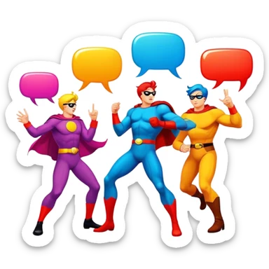 Comic drawing, bold lines, colorful speech bubbles, vibrant characters, dynamic action, bright colors, traditional comic book style, minimalistic design, on a white background. sticker