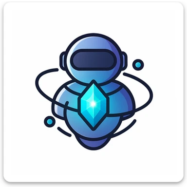 minimalist futuristic assistant icon with a glowing crystal core at the center, surrounded by tech swirl or orbit elements, sleek premium design, metallic gradients, glowing core, perfect for AI assistant logo, dark background, ultra clean vector style, inspired by futuristic UI, spark or pulse energy vibe, no text, centered, 1:1 aspect ratio sticker