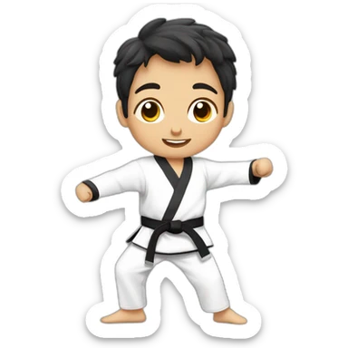 un niño de 8 años trigueño practicando taekwondo solo cabeza sticker