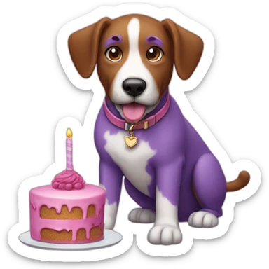 a purple dog with a brown nose and a pink collar with a bone eat cake sticker