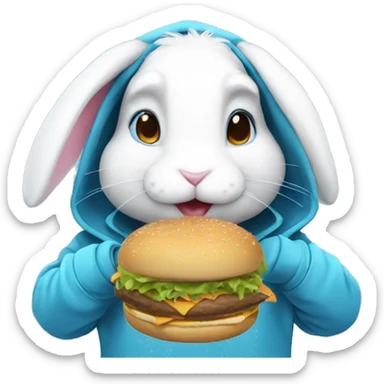 White bunny wearing blue pastel hoodie and eat  a burger sticker