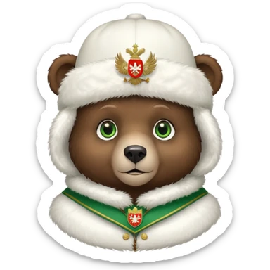 Very cute dark brown bear face with big green eyes and sweet expression, wearing a completely white fur hat with the Russian Federation coat of arms (double-headed eagle) in the center sticker